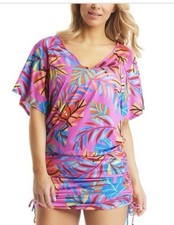 Bar III Paradise Palms Drawstring Caftan Swim Cover Up, M, Multicolor, 78