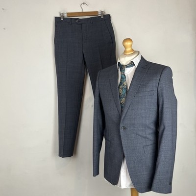 T.M. Lewin 2 Teiler Anzug Herren Blau Grau Kariert 39R Sakko 32W 31L Skinny Fit