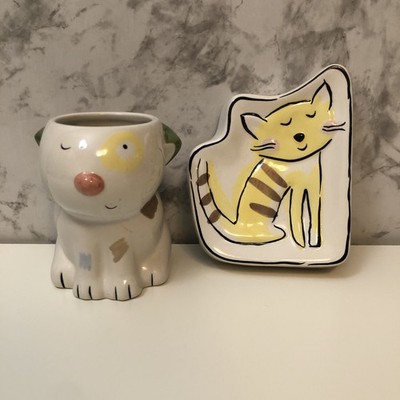 Jenny Faw Striped Yellow Colored Kitty Cat & Dog Planter Holder Dish Decor Piece