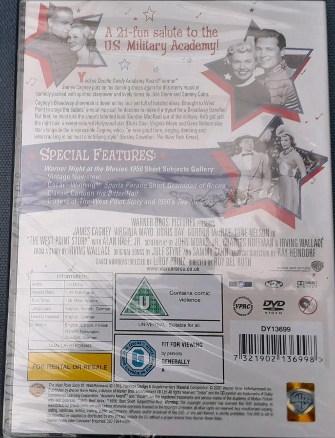 The West Point Story 1950 DVD New James Cagney Doris Day Virginia Mayo  - Image 2 of 2