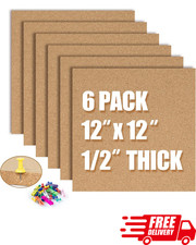 12x12 Cork Board Tiles 6 Pack Self Adhesive Bulletin Pin Boards w Pins