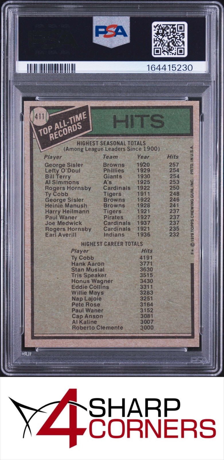 1979 TOPPS #411 TY COBB HOF ALL-TIME HITS LEADERS PSA 8 view 2