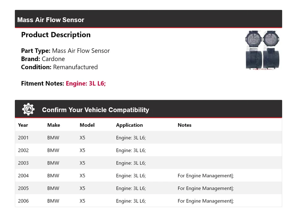 Sensor de flujo de aire másico Cardone 2002 2003 2004 2005 BMW X5 3L L6 2001-2006 Foto 2 de 4