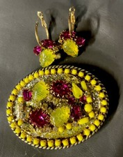 Handcrafted Upcycled Vintage Brooch Belt Buckle  Earring Hoop Yellow Hot Pink