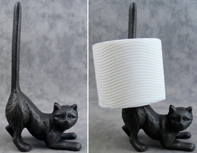 PLAYFUL CAT Cast Iron BATHROOM TOILET PAPER HOLDER Standing Counter Top