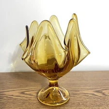 Vintage Viking Glass Amber Gold Handkerchief Swung 6 Petal Pedestal Bowl