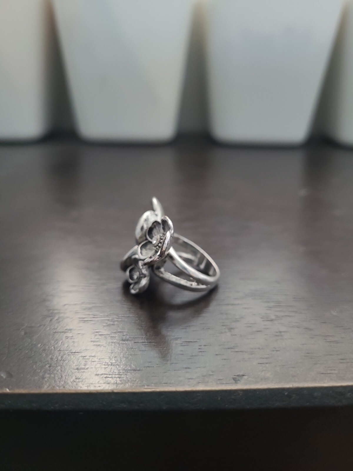 3 Flower Silver Statement Ring Diamond Crystal Fe… - image 4