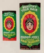 Lot of 2 (two) 1938 Madam Jones Special Hair Treating Oil labels Valmor