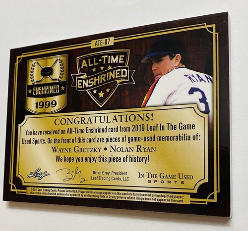 2019 Leaf ITG Used Enshrined 16/35 Jersey Wayne Gretzky Nolan Ryan 2 Color Patch - Picture 4 of 4