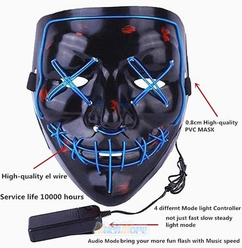 Halloween Clubbing Light Up LED Mask Costume Rave Cosplay Party Purge 4 Modes US - Picture 4 of 20