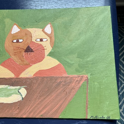 Signed Acrylic Folk Art Painting Cat Green Background Melanie Micall 12x8" USA - Picture 4 of 7