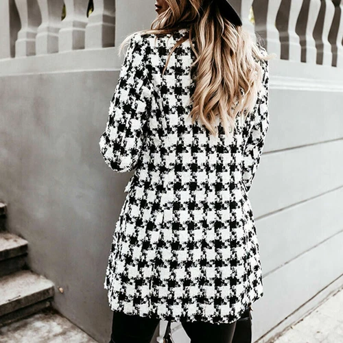 Women's Stylish Check Print Wool Blazer Coat Ladies Long Sleeve Collared Jacket - Picture 18 of 52
