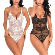 Womens Sexy Floral Teddy Babydoll Bodysuit Lace Deep-V Romantic Nightwear US