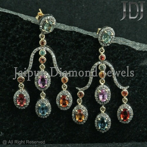 Boucles D'oreilles Pavé Saphirs Multicolores Et Diamants - Argent 925 - Fait Main Vintage - Inde