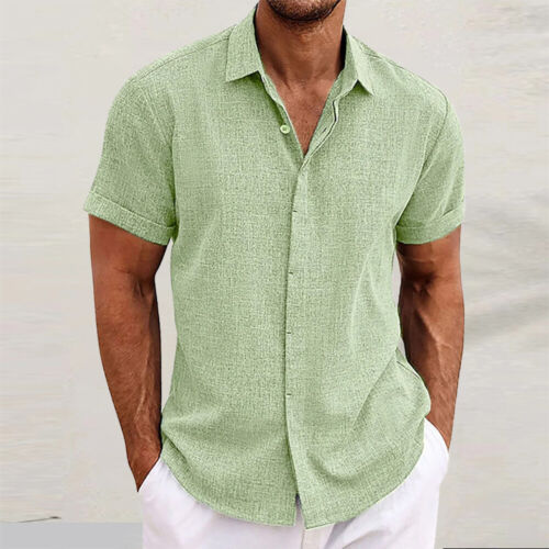 Herren Leinen Kurzarm Shirts Hemdbluse Strand Hemd Sommer Freizeithemd Basic Top - Bild 9 von 32