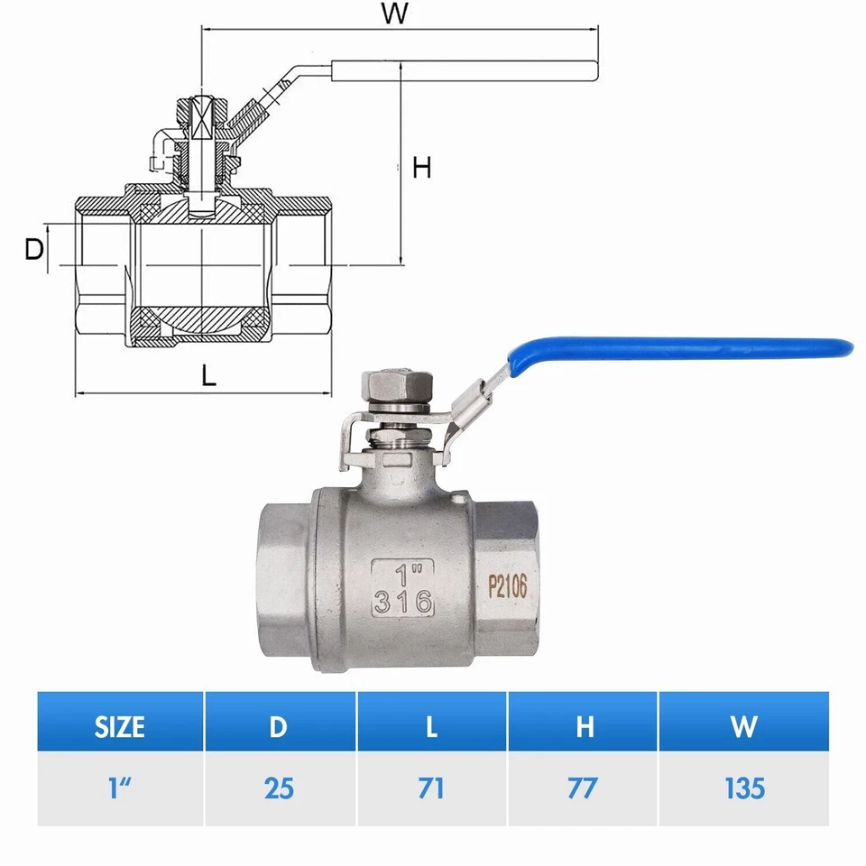 2P VAV 1" Ball Valve Full Port,316 Stainless Steel, 1000 WOG for Water,Oil,2Pack - Image 3 of 4