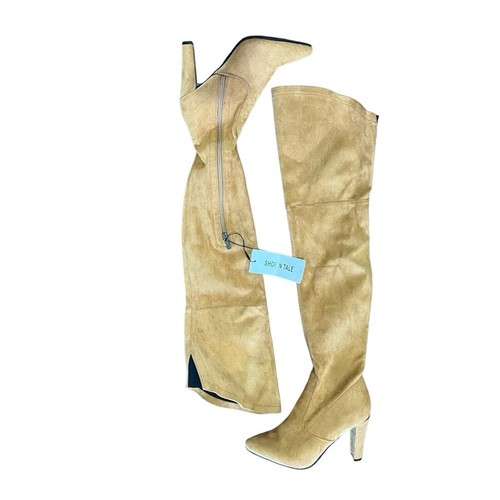 Shoe'N Tale Stretch Suede Chunky Heel Over The Knee Boots Thigh High Brown - Picture 6 of 8