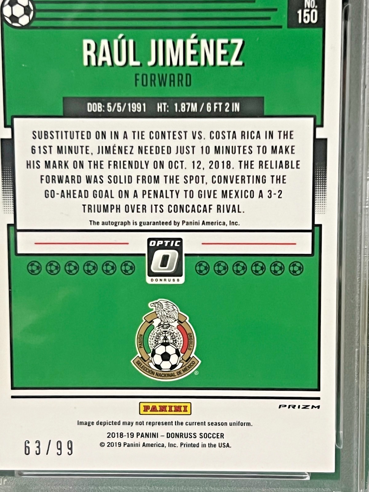 2018-19 Panini Donruss #150 Optic Raul Jimenez Blue Prizm /99 PSA 8 Auto 10 view 8