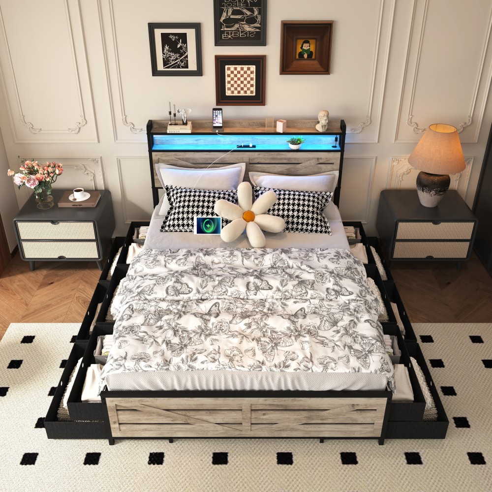With Storage Headboard And 12 Drawers With Led Lights