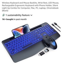 Wireless Keyboard and Mouse Backlits, Wrist Rest, LED Mouse, Rechargeable Erg...