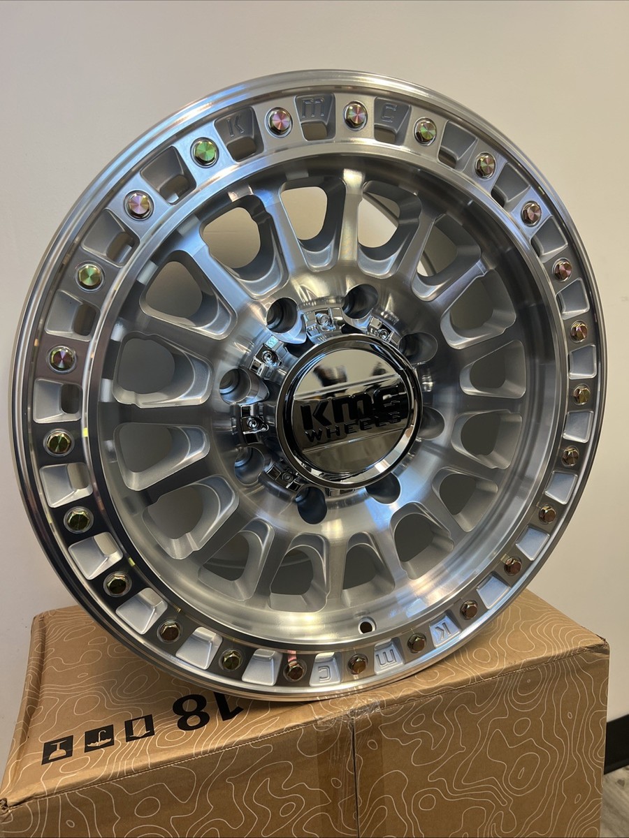 4) 18X9 KMC KM552 OFF-ROAD SILVER MACHINED (8X180 +0MM) SILVERADO