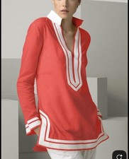Tory Burch Coral White Cotton Tunic Top Contrast Trim Resort Coastal, Size 2