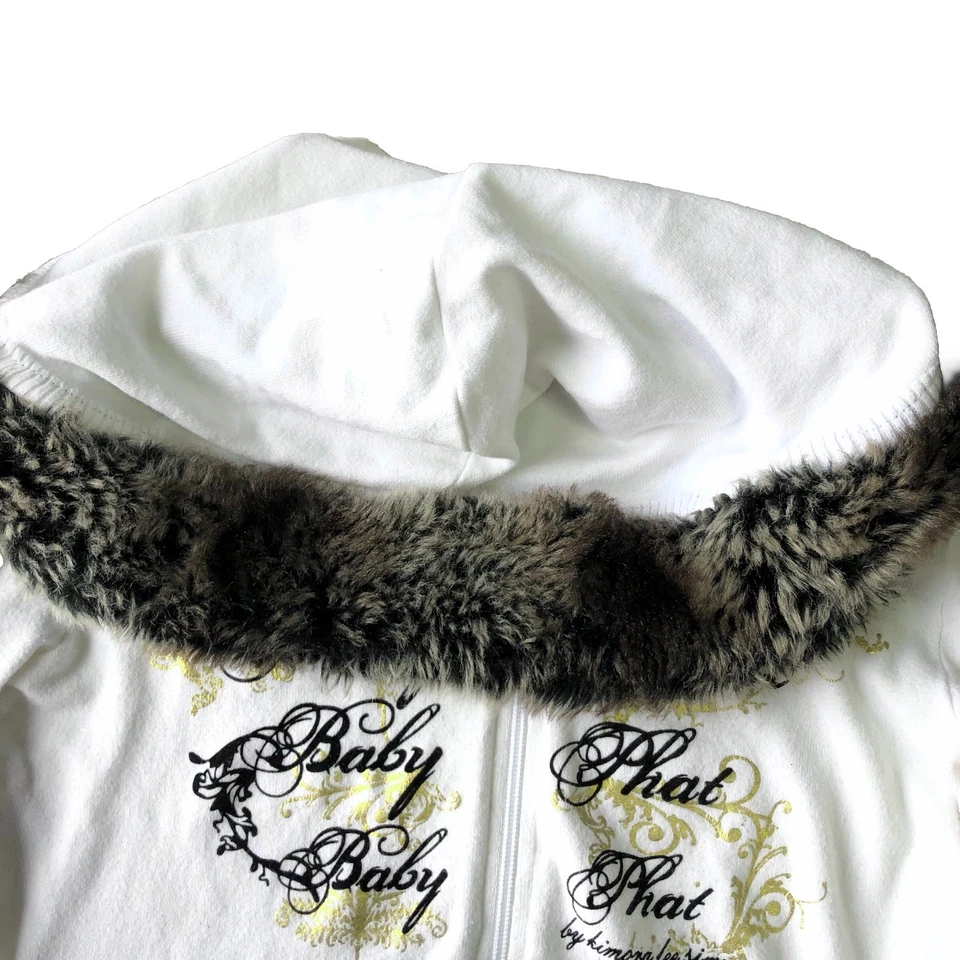 Vintage Y2K Baby Phat Women’s White Gold Hoodie Faux Fur Cuff Hood Size Large - Image 3 of 4
