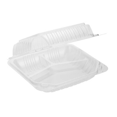 PP Hinged Container 8x8'', 3 Comp, Translucent, Vented, 150pc (150/1)