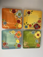 Lot 4 LAURIE GATES Square Floral Plates Melamine Plastic Dinner 10-1/2” Plates