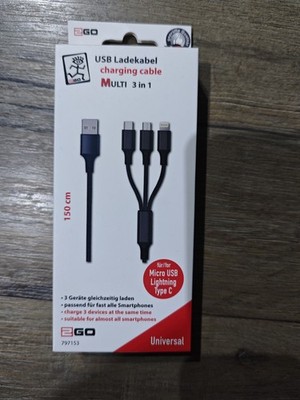 2GO - 3in1 USB Ladekabel schwarz für Micro-USB, Lightn, USB C 1,5 m