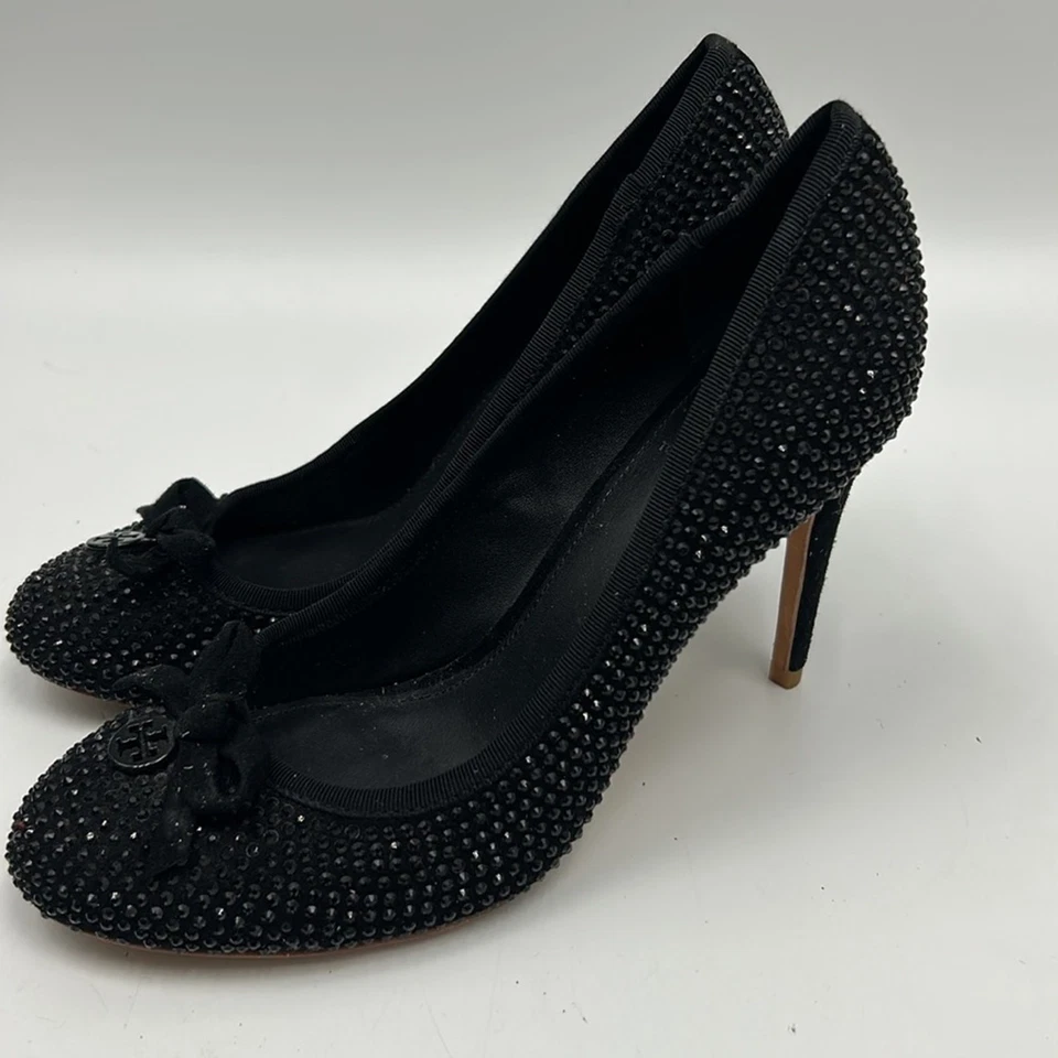 BOMBA LAZO ADORNADA CRISTALES TACÓN GAMUZA NEGRO TALLA 6.5 TORY BURCH MUJER Foto 3 de 4