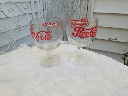 Vintage Pepsi Cola 2 Lot Coca-Cola Daumenkelch Stielglas Trinkgläser Glas - Bild 2 von 6