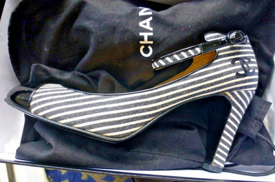 Chanel Escarpins Stilettos  Stoff /Leder Maritim Venice Beach schwarz 38 1/2 TOP
