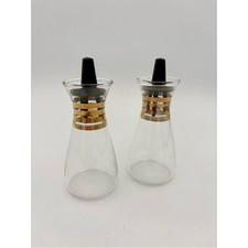 Pyrex Glass Salt and Pepper Shakers Clear Gold Bands Mid Century Made in USA
