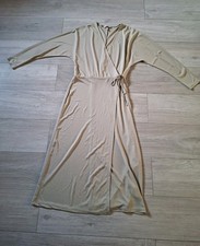 H&M Beige Stretch Semi Sheer Mock Wrap Midi Dress Classic Smart Work UK10/12
