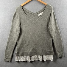 Loft Sweater Women s Medium Gray Merino Wool Blend V-Neck Lightweight Preppy