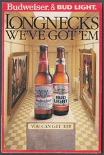 Budweiser Bud Light Beer Longnecks tentcard 1985