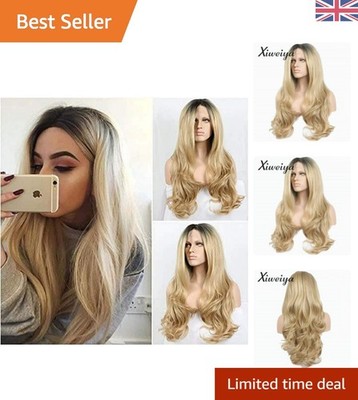 Lange ombre blonde Lace Front Perücke mit dunklen Wurzeln - hitzebeständiger & welliger Stil