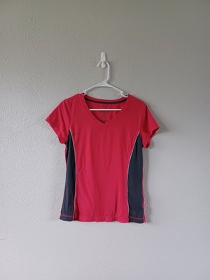 Danskin Now Red V-Neck Short Sleeve Tee with Black Side Panels Women's L