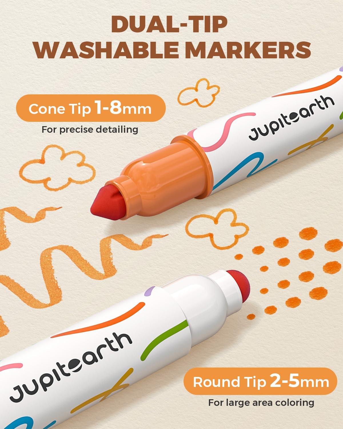JUPITEARTH Washable Dual Tip Markers for Kids, Broad & Round Tip, Easy-