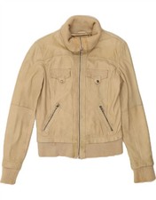 BERSHKA Giacca di pelle da donna UK 14 grande pelle di pecora beige HN10