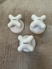 Lot Of 3 Antique White Porcelain Bathroom Knobs, Hot, Cold, Waste