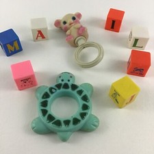 Vintage Baby Toy Lot Turtle Teether Rattle Bear Squeaker Blocks Collectible Baby