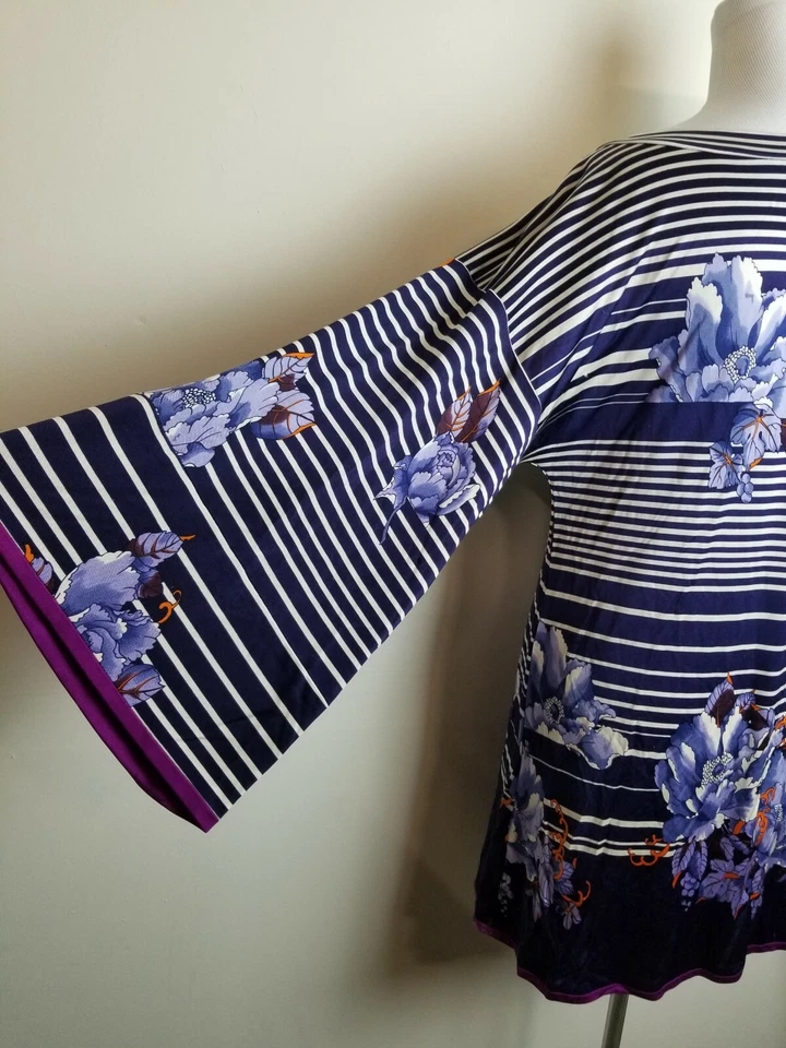 FOLEY Small women dress SILK BELL SLEEVE floral striped mini shift purple - Image 4 of 4