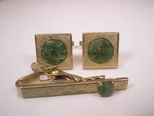 Genuine Green Jade Stone Vintage SARAH COV Cuff Links & Tie Bar simple design