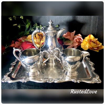 Vintage Tea Set Silver Plated Etched Floral Tray Victorian Plate