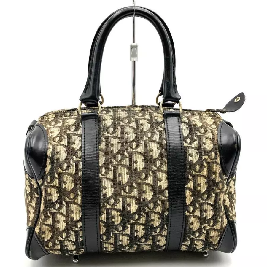 Auth Dior motif trotteur toile cuir beige marron mini sac Boston