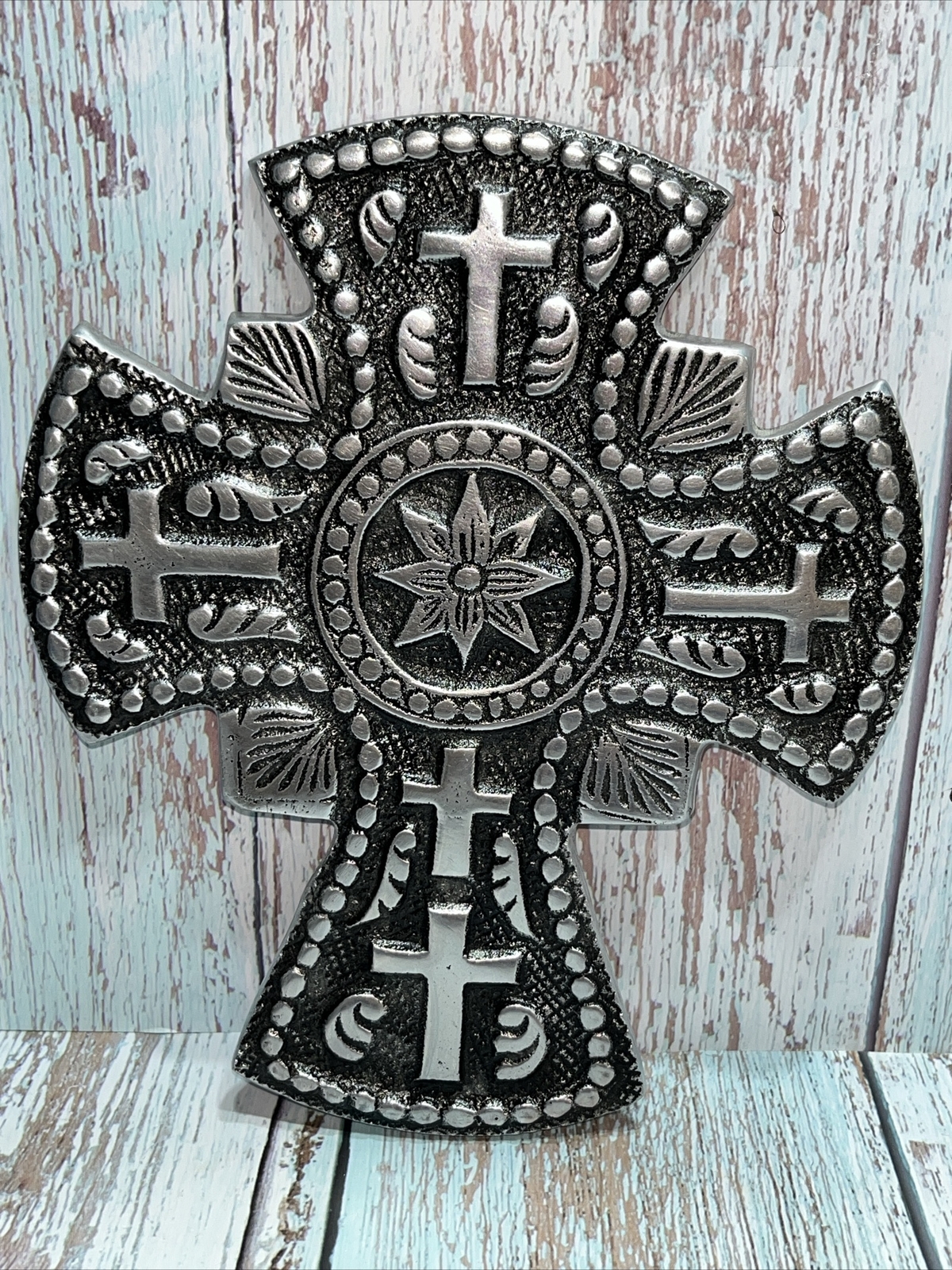 Vintage Silver Metal Cross to Hang with Scrolls,Flower Design, Made in India,