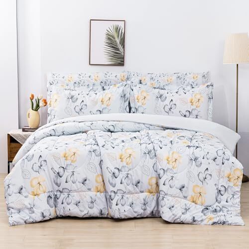 Floral Printed Comforter Set with Sheets, Queen Yellow and Grey Flower