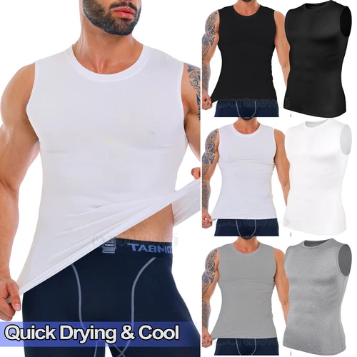 Mens Slim Fit Vest Compression T-Shirt Fitness Muscle Tank Top Quick Drying Cool - Picture 1 of 30